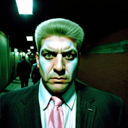 very grainy discolored 2000s photo, closeup portrait, dark night alley with no lights, grunge, extremely gaunt male with chalk-white skin wearing a good soviet era suit with a pink tie, calm, imposing, ridiculous hairdo, crazy look in the eyes, malkavian