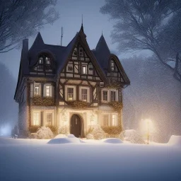 German village house, dark, candle light, snow, 16k quality, hyper realistic, 3d render, dramatic lighting, octane render, volumetric lighting