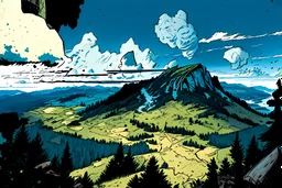 a map, forest, a hill, mountain,, comic book, post -apocalypse, , blue sky, clouds