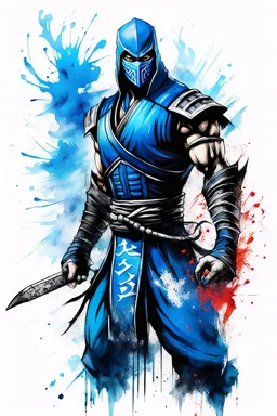 Sub Zero from Mortal Kombat, ink artistic conception, with typography elements, abstract, complementary colors, simplicity, Chinese painting, white background, 8k,