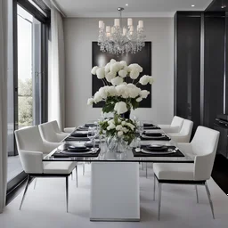 A stylish, contemporary dining room with a sleek glass table, surrounded by modern upholstered chairs in a chic monochrome color scheme. The room is bathed in soft atmospheric lighting, creating an elegant and intimate ambiance. A stunning centerpiece of fresh flowers adorns the table, adding a touch of natural beauty. The room's decor features minimalistic artwork on the walls, accentuating the clean lines and sophisticated design of the space. Perfect for hosting memorable dinner parties and c