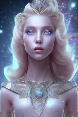 1 full body shot,masterpiece galactic pink metalic, cosmic petit prince belle fine, profil de trois quart, grand front cosmique, peau bleu cristalline paillettée, yeux bleu, perle sur le front long cheveux blond et rose etoilé, cristaux sur le corps, collier de grande princesse, levres souriante, très jolie sourire, longs cheveux blonds,ailes roses transparents, costume galactique bleu metallisé,