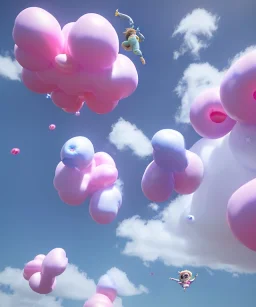 Ultra realistic clouds sky scene, wide angle, sweet childs falling down, inflatable color clothing, free jumping flying, many trinkets, monster hair, hair monster, many jelly beans, balls, smile, happy, circus style, extreme, wind, clouds sea, 20,000 feet altitude, stratosphere, soft color, highly detailed, unreal engine 5, ray tracing, RTX, lumen lighting, ultra detail, volumetric lighting, 3d, finely drawn, high definition, high resolution.