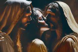 virgin girls and Jesus Christ flirtatiously kissing picture, rich in detail. They were loosely dressed. They are very much in love with Jesus On the edge of the abyss, where the eternal abyss is and everything is embraced around them by beings of light. There are also ape-men and big black shadows with hoods and stoles. 4K Blurred image of Jesus with a monkey head