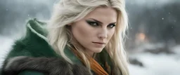 photoreal close-up of a thirty-year-old gorgeous blonde Guardian high priestess of the Eladrin with leather skin with mystical eyes looking like gina carano wearing green and orange garments at a snowy icy burning battlefield at dawn by lee jeffries, otherworldly creature, in the style of fantasy movies, photorealistic, shot on Hasselblad h6d-400c, zeiss prime lens, bokeh like f/0.8, tilt-shift lens 8k, high detail, smooth render, unreal engine 5, cinema 4d, HDR, dust effect, vivid colors