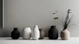 minimalist scandinavian interior. pots, black, beige, white