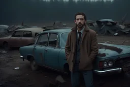 a handsome young beard Shia LaBeouf detective in knitted fashion armed with gun hides behind a broken car and looks around in a junkyard full of broken cars, a rainy and foggy day, Stanley Kubrick movie style