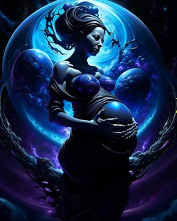 concept, dark void in abdomen, pregnant,cosmic theme, surrealism, detailed anatomy, shadows and highlights, eerie atmosphere, digital art, high resolution, deep space colors, black, purple, blue, glowing elements, dramatic lighting, imaginative interpretation.