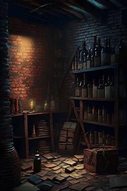 A dark, dingy brick dungeon, with a small hanging shelf holding six vintage bottles of various sizes, and books scattered on the floor