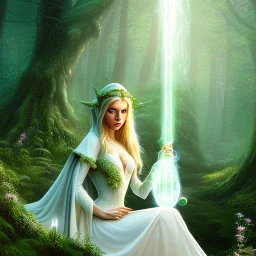 romantic fantasy spray painting, portrait of very cute hooded green eyed blonde robed elf poet bride with halo sitting on huge stone, bubbles, tossing torch in magical forest, foliage frame, magic wand,waterfall