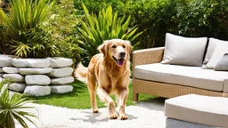 The golden retriever ran around the garden filled with white stones and tropical plants, while her owner arranged the cushions on the outdoor sofa.