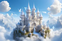 little fairy subtil castle with crystal and precious stone, in a white soft clouds and light blue and brightness sky