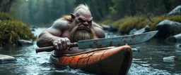 ancient bald fat ogre troll machete in kayak in stream