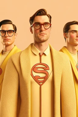 three men in different Gucci Superman's emblem clothing, beige tones, fashion plates, modern designa, deconstructed tailoring, rendered in cinema4d –q 2 –ar 3:5