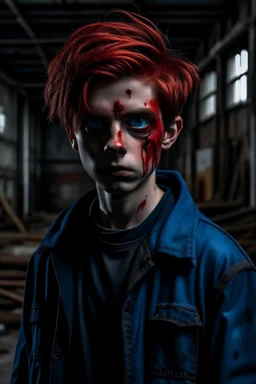 An 18-year-old boy with a completely dark black face, sharp red eyes like Spider-Man's, and wearing a blue WindowLine jacket, standing behind an abandoned factory.His eyes are completely red and his hair is black, his face and head are like shadows