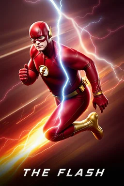 1/4 side view, looking at the viewer, Movie Poster - "THE FLASH" - A thick, extremely muscular, 7'8" tall man, ((skintight, formfitting, long-sleeved, red spandex bodysuit:1.5)), ((gold knee-high boots:1.5)), ((gold wrist gauntlets, red fingerless gloves, gold, double holstered utility belt:1.5)), ((skintight, formfitting, red spandex helmet with red eye disguise,:1.5)), Glowing eyes, Running in the speedforce with multicolored lightning emanating from his body