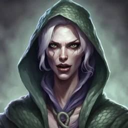 generate a dungeons and dragons character portrait of an evil female snake person. She has pale skin and is wearing a hooded robe. Make her serpent tongue visible.