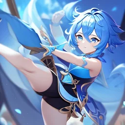 Clear focus,High resolution, Vibrant short blue hair, Vibrant blue eyes, Genshin impact inspired outfit, wearing a short skirt, kicking pose