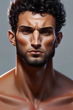 Painting of a buff man in his late 20s with a sharp jaw and stubble, handsome face and short curly black hair with dark eyes