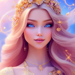 Beautyful smiling young woman, long hair amazing blue eyes, flowers, happy cosmic, bright colors, blue, pink, gold, jewels, realistic, photo real, clear sunny background, highly detailed, high contrast, 8k high definition, unreal engine 5, extremely sharp detail, light effect, sunny light background