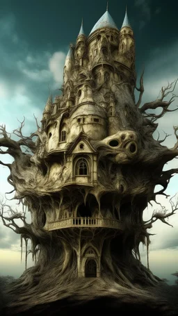 surrealis monochrome A fragmented, surreal sculpture liguid color of photorealistic image 3d,psychedelic art of an castle glossy emerging from dreamlike a crumbling building. The face appears pale with deep cracks and intricate details, evoking a haunting expression. Blackened tree branches intertwine with the gold mengkilat cracks, set against a backdrop of stormy, cloud-filled skies. bauhaus art The overall tone is dark and moody, suggesting themes of decay and transformation.