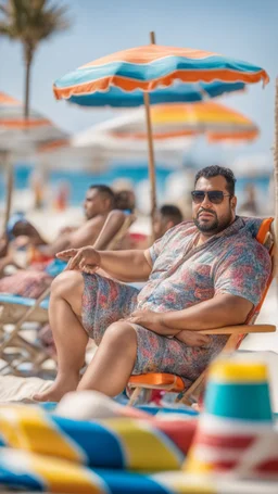 full figure shot photography of a serious ugly burly strong chubby marocan 35 years old, sells colored pareos on a crowded beach, sitting on a beach chair, sunligh, photorealistic, 35mm lens, side light, ambient occlusion