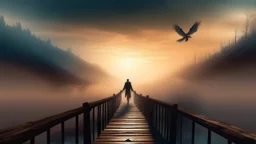 walking straight ahead over a wooden bridge, holding the angel of death with your right hand, entering the fog at the end of the road that leads to the afterlife, a stream from the mountains flows from the right and left, and a beautiful sunset and galaxy's behind the fog, realistic