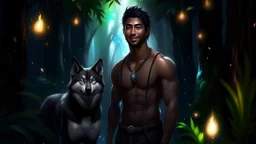 Hyper Realistic handsome shirtless muscular short black hair young king smiling & standing with his black husky in a dark mystical jungle at night with fireflies & colorful crystals