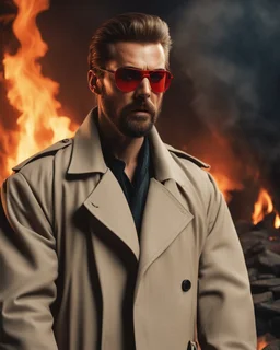 a young man with big muscles who looks like hans gruber wearing a trench coat and red sunglasses staring with an irritated look on his face standing in front of a fire