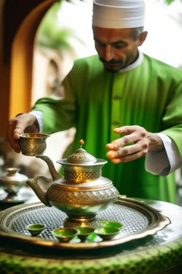 A traditional Moroccan tea ceremony, where a man in a classic djellaba is pouring mint tea from a silver teapot into small, ornate glasses.