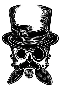 A black and white picture of an English gentleman's top hat,monocle, mustache and bowtie in the style of Rob Zombie's album artwork with a white background and the top hat,monocle,mustache and bowtie drawn in black.