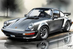 new porsche 930 turbo metallic gray drawing water colour