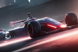 Futuristic formula race car, hovering above track, cyberpunk style