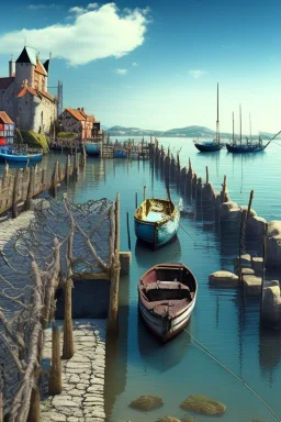 gothic, medieval, fishing town, rocks, long piers, fishing boats, shops, blue sky