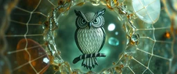 close up of owl abraxas carved on the gemstones in the fish eye web, interdimensional portal