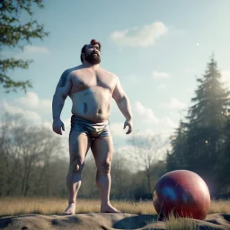 Ultra realistic circus scene. Classic Naked strongman, waist up view, old school tattoo, Wes Anderson style, happy, bubbles, butterflys, highly detailed, concept art, unreal engine 5, god rays, ray tracing, RTX, lumen lighting, ultra detail, volumetric lighting, 3d, finely drawn, high definition, high resolution.