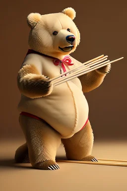 Big fat Japanese woman dressed as a bear eating noodles with chopsticks