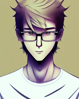 a tall guy who is skinny and scrawny with blond hair and blond beard. his hair is to the left side and he wears glasses. he is wearing a white t-shirt, black jeans and has straight teeth and brown shoes. anime style