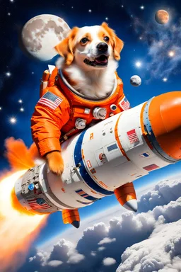 white and orange dog flies to the moon on top of the a rocket