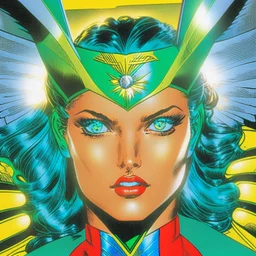 Superheroína telequinética con ojos luminosos y alas metálicas retráctiles, estilo comic 1989