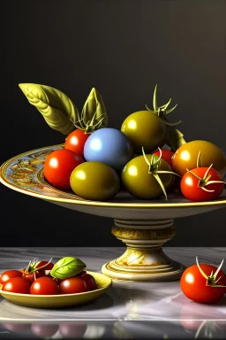 Italian Renaissance style still life consisting of a plate of Italian ravioli with natural cherry tomato and basil accompanied by olives, moisture ambient, natural ornaments, ceramic, marble, high kitchen, smooth, god rays, unreal engine 5, ray tracing, RTX, lumen lighting, ultra detail, volumetric lighting, 3d.