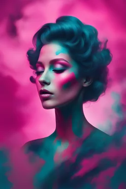 Woman on a beautiful pink background, in the style of dark teal and dark magenta, bold color fusions, milleniwave, tagging-like marks, maximalism, made of mist, bold and vibrant primary colors
