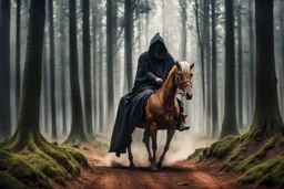 hooded monk on horseback in the forest