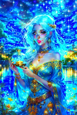 A beautiful girl with glowing starry eyes. And with turquoise hair decorated. And full body. Holds 10 glowing glass beads with a moon inside .girl void. full body Glowing golden eyes and white hair. Standing on a land of water embellished with sapphires and ornate trees. And beautiful buildings. And a sky full of star. realistic