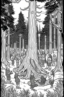 Under the vast canopy of ancient redwood trees, a group of friends dances joyously around a roaring campfire. The towering trees create a cathedral-like atmosphere, and the bonfire's flames illuminate the massive trunks, conveying the profound connection with nature and the freedom of uninhibited expression..coloring book page, simple and clean line art, adult drawing book, black and white, crisp black lines, no shades, sharp lines, coloring book for adults, cartoon style, landscape