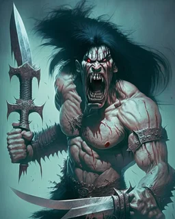 screaming scary zombie human berserker meaty black hair big greatsword