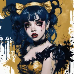 Poster in two gradually, a one side malevolent goth vampire girl face and other side the Singer Melanie Martinez face, painting by Yoji Shinkawa, darkblue and gold tones,