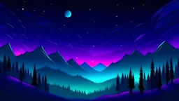 dark forest and snowy mountain, starry night sky, blue and purple gradient sky, moon, aurora borealis