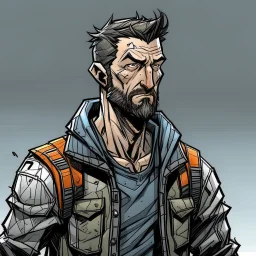 man,, looking serious, comic book, post-apocalypse, grey background