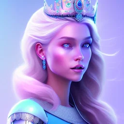 A portrait of a full body crystalised blue pink queen,smiling face, blue eyes, long blond hair, atmospheric, realistic, unreal engine, lighting